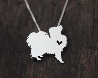Tiny Phalene necklace, sterling silver hand cut pendant and heart, dog breed jewelry