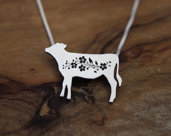 Tiny Jersey Cow necklace, Forget me not engraved sterling silver pendant