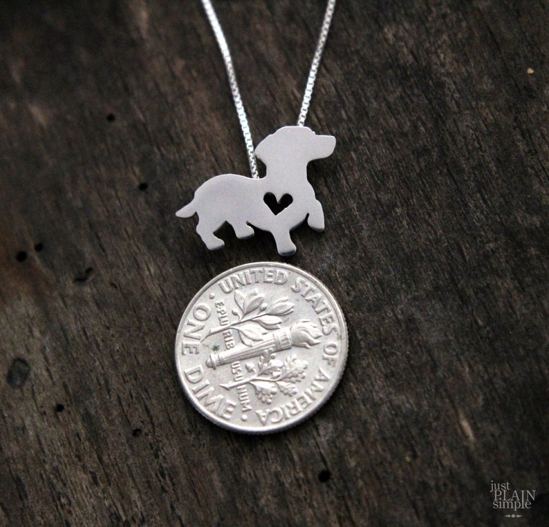 Tiny Dachshund necklace, sterling silver hand cut pendant, with heart, tiny dog breed jewelry image 6