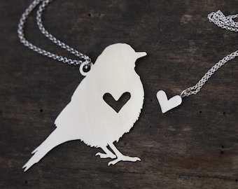 Puzzle Piece Bird Car Charm: Sterling Silver Heart Necklace