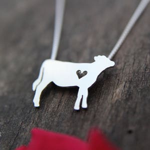 Tiny Jersey Cow necklace, sterling silver hand cut pendant and heart image 4