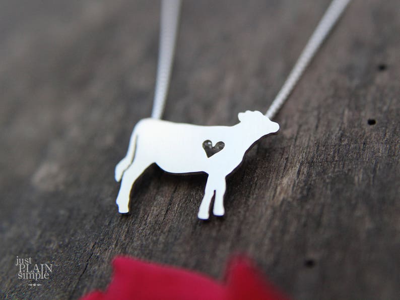 Tiny Jersey Cow necklace, sterling silver hand cut pendant and heart image 4