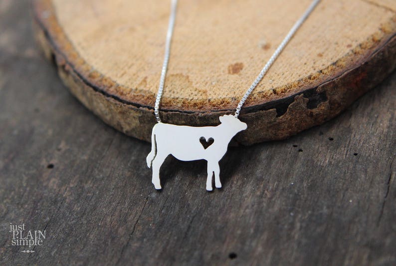 Tiny Jersey Cow necklace, sterling silver hand cut pendant and heart image 1