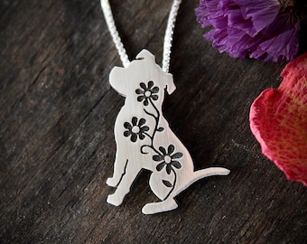 Floral Pitbull Pendant, sterling silver pit bull, dog necklace, wildflower, wildlife, dog jewelry
