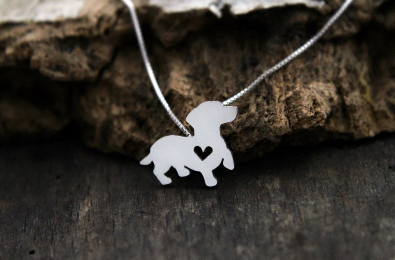 Tiny Dachshund necklace, sterling silver hand cut pendant, with heart, tiny dog breed jewelry image 1