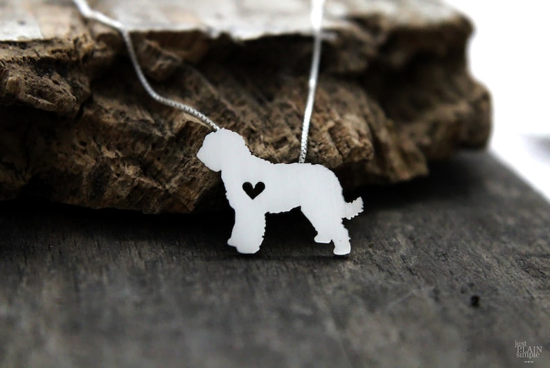 Tiny Goldendoodle necklace, sterling silver hand cut pendant and heart, dog breed jewelry image 1