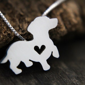 Tiny Dachshund necklace, sterling silver hand cut pendant, with heart, tiny dog breed jewelry image 3