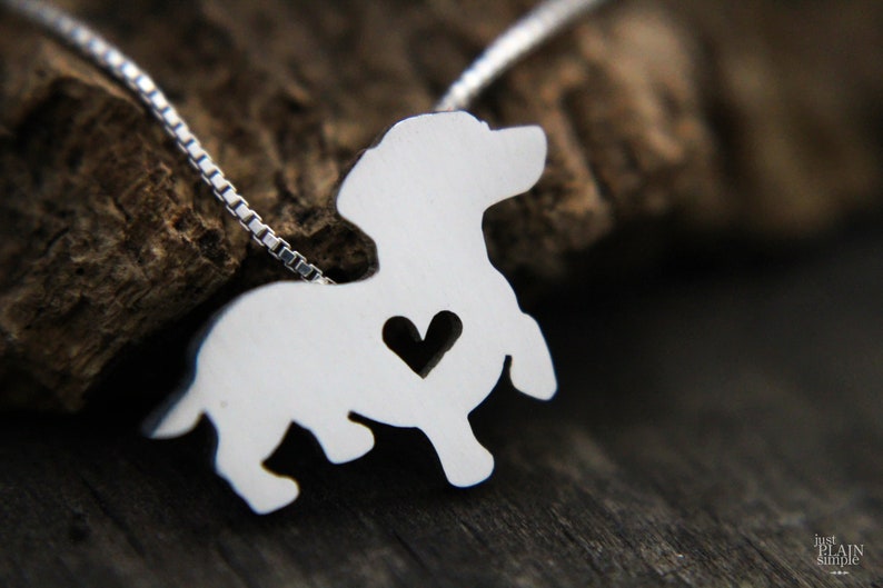 Tiny Dachshund necklace, sterling silver hand cut pendant, with heart, tiny dog breed jewelry image 3