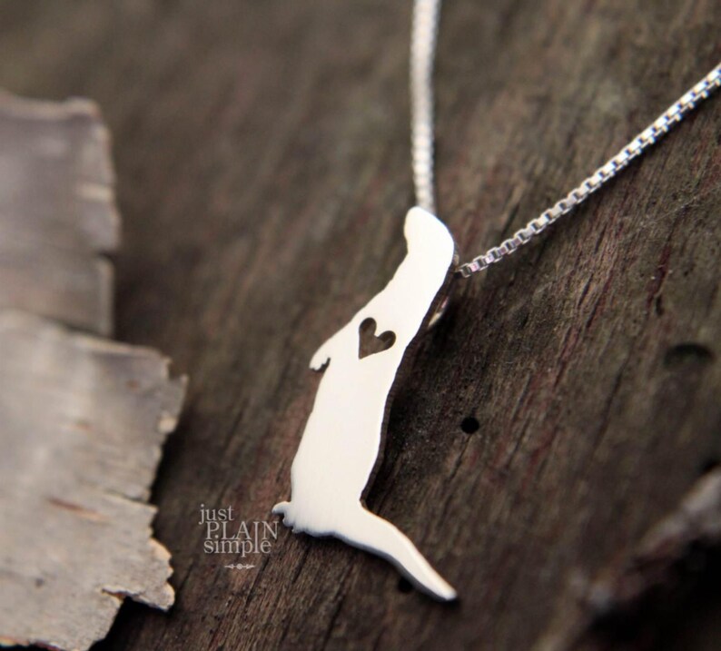 Tiny River Otter necklace, sterling silver hand cut pendant and heart, tiny wildlife jewelry image 3