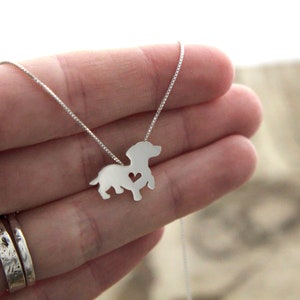 Tiny Dachshund necklace, sterling silver hand cut pendant, with heart, tiny dog breed jewelry image 4