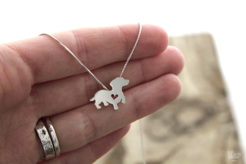 Tiny Dachshund necklace, sterling silver hand cut pendant, with heart, tiny dog breed jewelry image 4