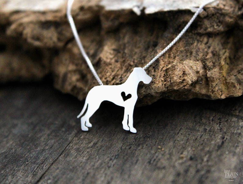 Tiny Great Dane necklace, sterling silver hand cut dog pendant and heart, image 1