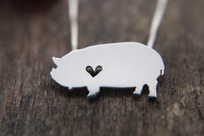 Tiny Kunekune Pig necklace, sterling silver hand cut pendant and heart image 2