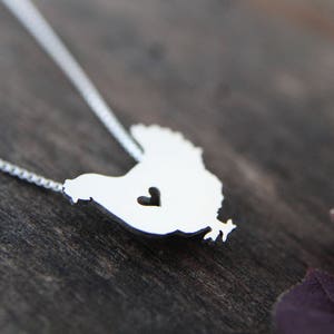 Tiny Hen Chicken necklace, sterling silver hand cut pendant and heart image 2