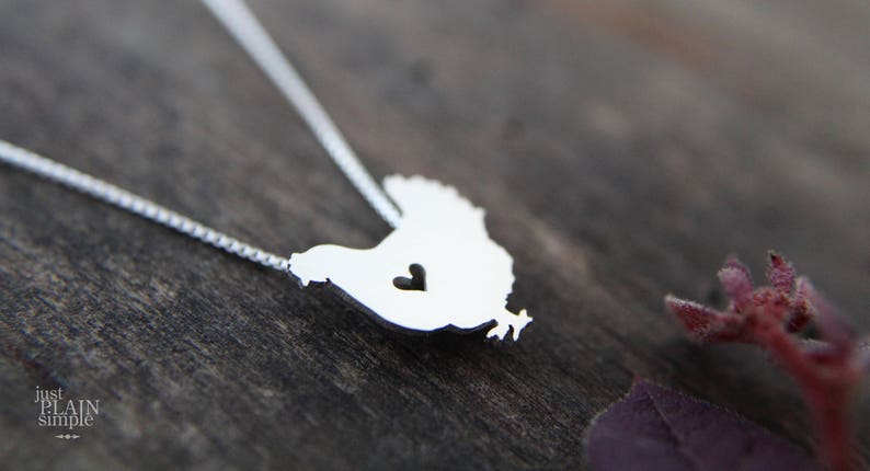 Tiny Hen Chicken necklace, sterling silver hand cut pendant and heart image 2