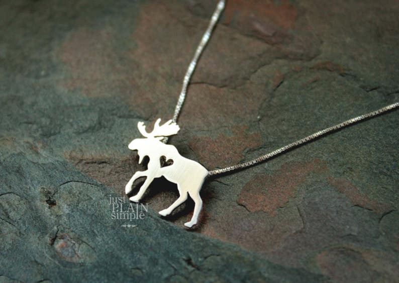 Tiny Moose necklace, sterling silver hand-cut pendant and heart image 3