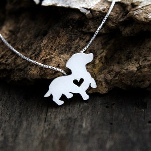 Tiny Dachshund necklace, sterling silver hand cut pendant, with heart, tiny dog breed jewelry image 2