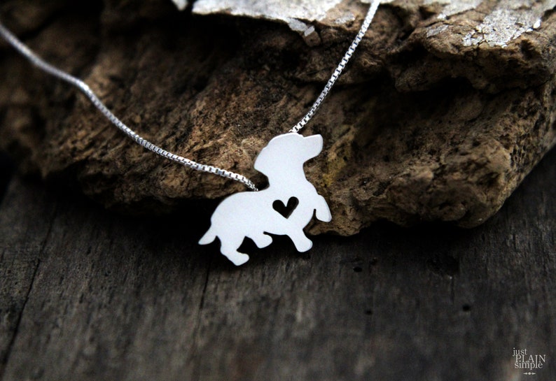 Tiny Dachshund necklace, sterling silver hand cut pendant, with heart, tiny dog breed jewelry image 2