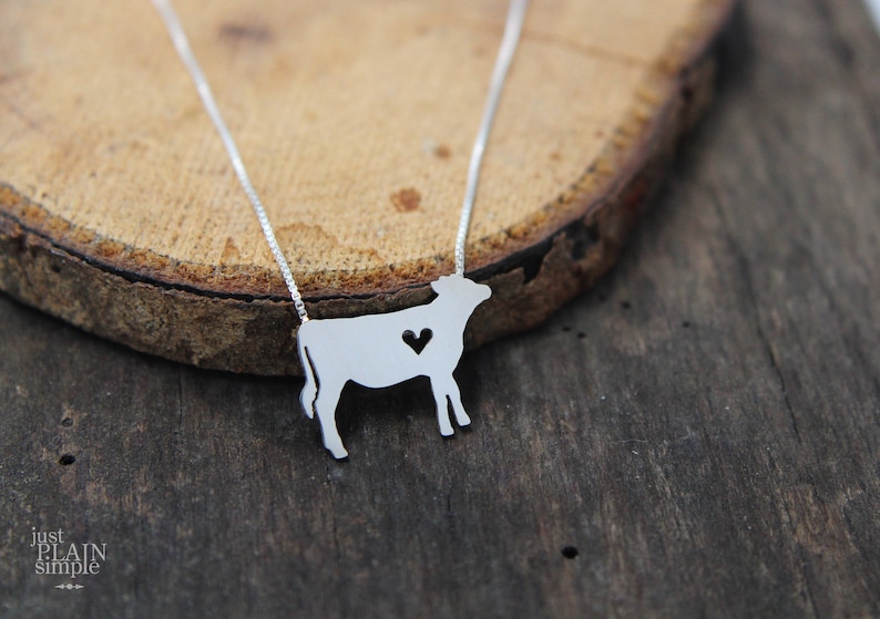 Tiny Jersey Cow necklace, sterling silver hand cut pendant and heart image 3