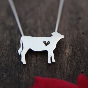 Tiny Jersey Cow necklace, sterling silver hand cut pendant and heart image 2