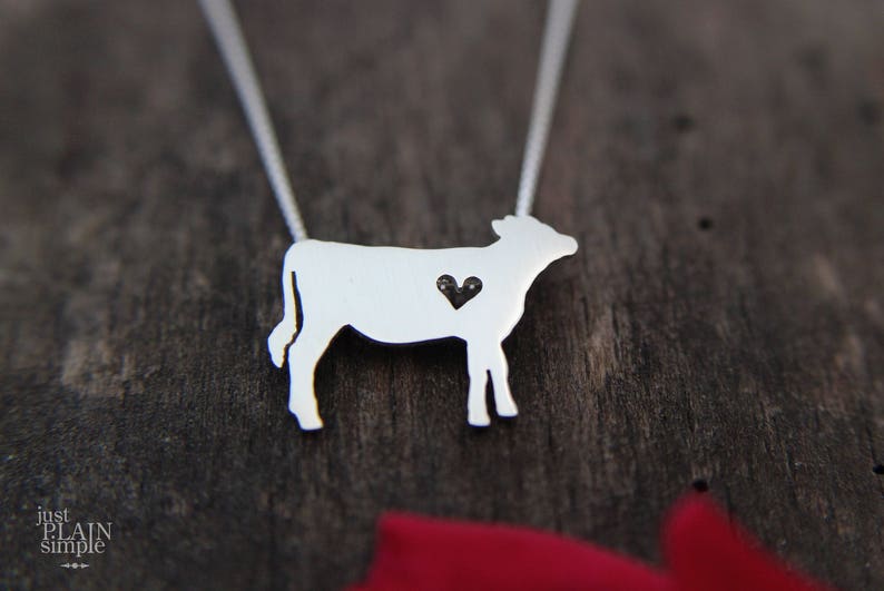 Tiny Jersey Cow necklace, sterling silver hand cut pendant and heart image 2