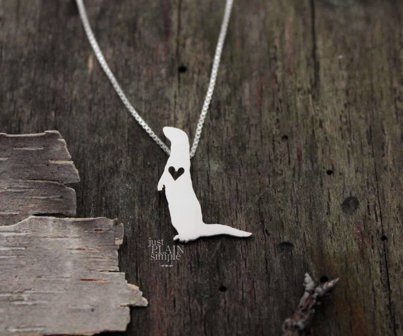 Tiny River Otter necklace, sterling silver hand cut pendant and heart, tiny wildlife jewelry image 1