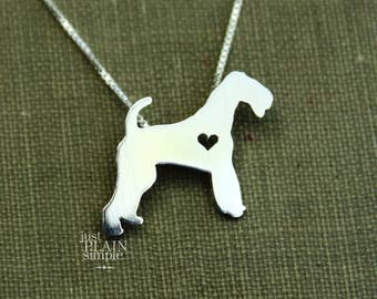 Tiny Airedale Terrier necklace, sterling silver hand cut pendant and heart