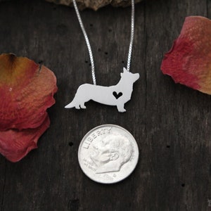 Tiny Cardigan Corgi necklace, sterling silver hand cut pendant and heart, dog breed jewelry image 7