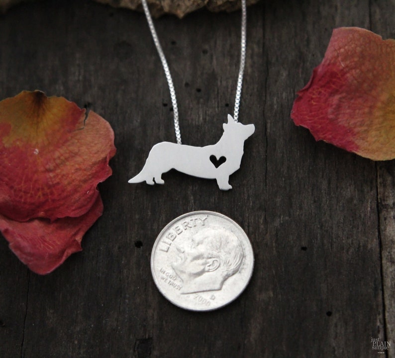 Tiny Cardigan Corgi necklace, sterling silver hand cut pendant and heart, dog breed jewelry image 7