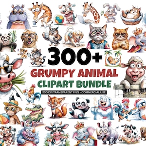 Puede incluir: Una colección de más de 300 imágenes prediseñadas de acuarela con animales gruñones. Las ilustraciones incluyen una variedad de animales como gatos, perros, jirafas y vacas, cada uno con un diseño único y expresivo. También se incluye el texto "Grumpy Animal Clipart Bundle".