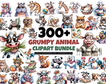 May include: A collection of over 300 watercolor clipart images featuring grumpy animals. The illustrations include a variety of animals such as cats, dogs, giraffes, and cows, each with a unique, expressive design. The text "Grumpy Animal Clipart Bundle" is also included.