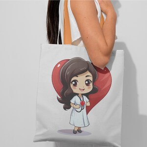 May include: White tote bag featuring a cartoon illustration of a woman with brown hair wearing a white dress and holding a red heart. The woman is standing in front of a large red heart.