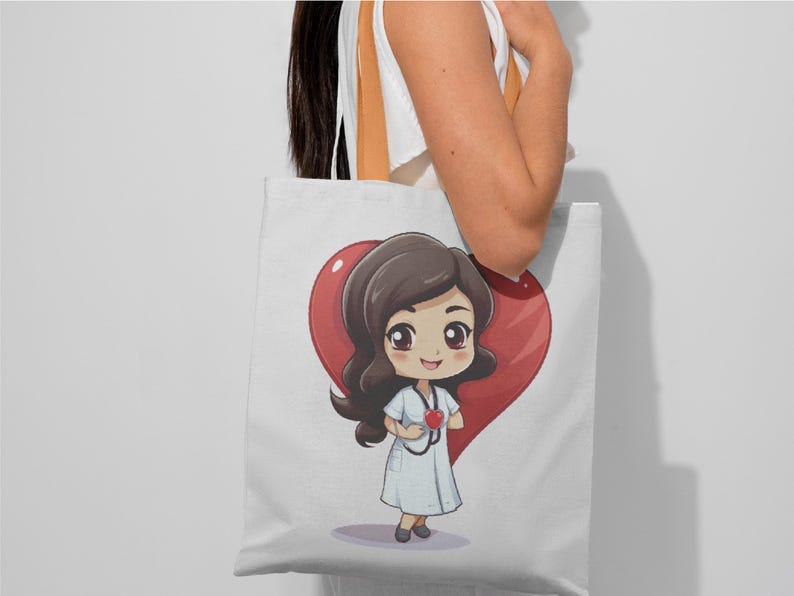 May include: White tote bag featuring a cartoon illustration of a woman with brown hair wearing a white dress and holding a red heart. The woman is standing in front of a large red heart.