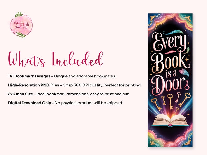 May include: A digital bookmark design with the text "Every Book is a Door" in elegant script. The design features a colorful, whimsical illustration of a book, keys, and decorative elements. The bookmark is 2x6 inches.