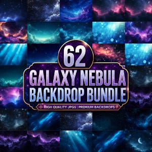 May include: A digital collection of 62 galaxy nebula backdrops featuring various space scenes with stars, clouds, and light effects in shades of blue, purple, and pink. The central text reads 62 GALAXY NEBULA BACKDROP BUNDLE HIGH QUALITY JPGS PREMIUM BACKDROPS.