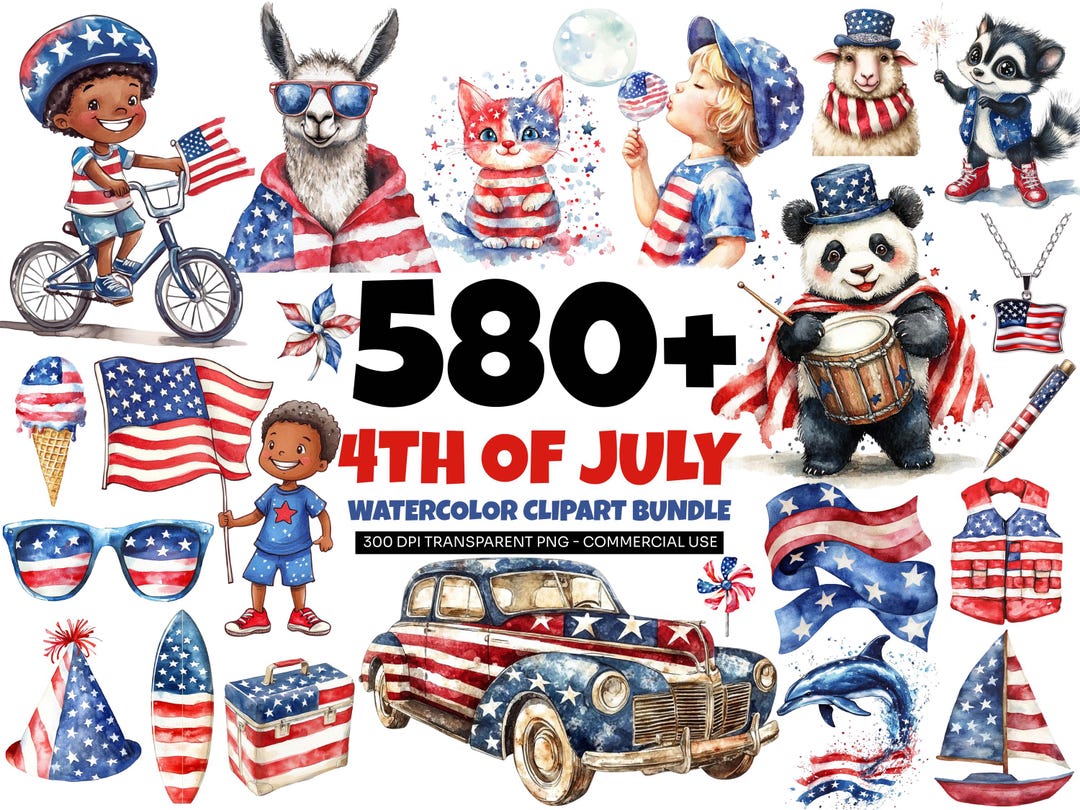 4th of July Clipart Bundle, Patriotic Watercolor PNG, Independence Day ...