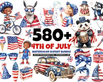 4th of July Clipart Bundle, Patriotic Watercolor PNG, Independence Day Clipart, USA Flag Graphics, Sublimation Design, american clipart png