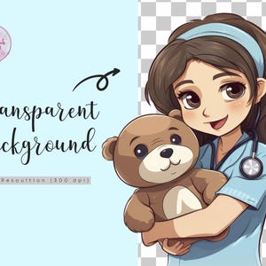 May include: A cartoon illustration of a female nurse in a blue uniform holding a brown teddy bear. She is wearing a blue headband and a stethoscope around her neck. The background is transparent.