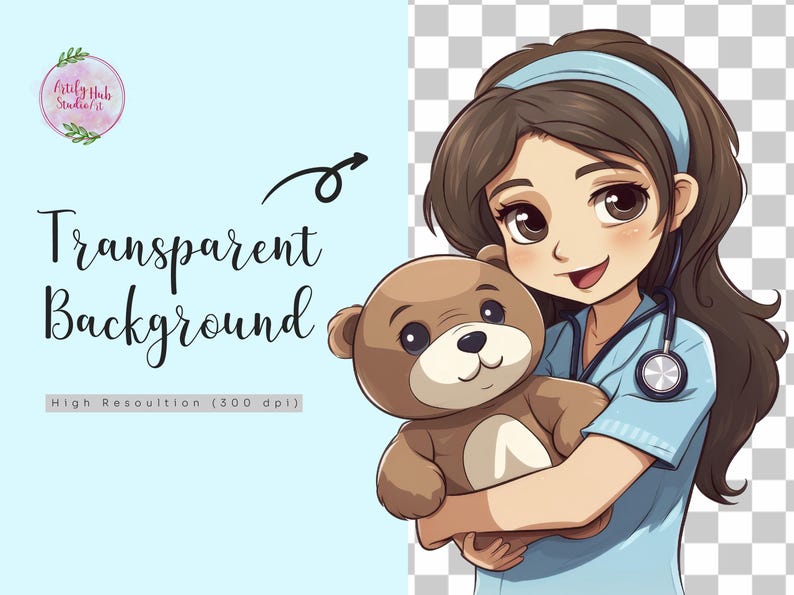 May include: A cartoon illustration of a female nurse in a blue uniform holding a brown teddy bear. She is wearing a blue headband and a stethoscope around her neck. The background is transparent.