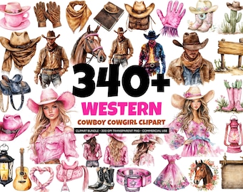 Paquete de imágenes prediseñadas de vaqueras del Oeste: Rodeo en acuarela PNG (Descarga digital)