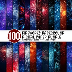 Könnte beinhalten: Ein digitales Papierbündel mit 100 Feuerwerk-Hintergründen. Die Hintergründe zeigen farbenfrohe Feuerwerke in Rot, Blau, Orange und Weiß. Jedes Papier ist 30,48 cm x 30,48 cm groß und hat 3600 x 3600 Pixel bei einer Auflösung von 300 DPI.