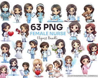 May include: 63 PNG Female Nurse Clipart Bundle. A set of colorful cartoon illustrations of nurses in various poses and outfits. The nurses are wearing scrubs, lab coats, and other medical attire. Some are holding medical equipment, while others are smiling and waving.