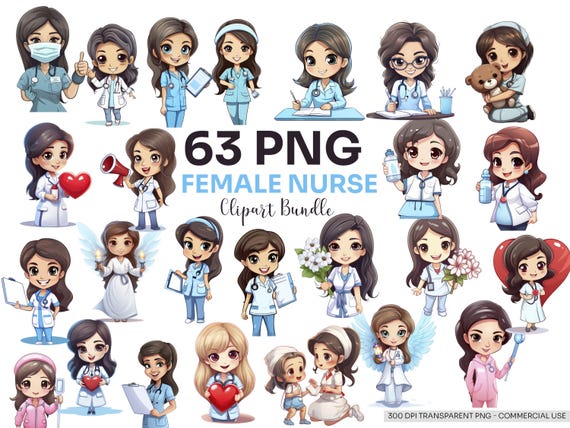 63 Female Nurse Clipart Bundle | Medical Doctor PNG | Cute Female Nurse Sublimation | Healthcare Clipart | Doctor Character Illustration