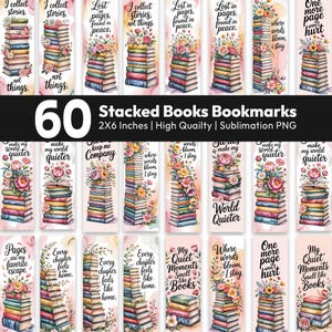 Op de afbeelding: Een verzameling van 60 boekenleggers met gestapelde boeken, elk met een uniek ontwerp, bloemaccenten en inspirerende citaten. De boekenleggers zijn 5 x 15 cm groot en geschikt voor sublimatie.