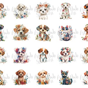 May include: Watercolor illustrations of various puppies and a cat, each adorned with floral arrangements. The puppies and cat are depicted in a variety of colors and poses, surrounded by colorful flowers and greenery, creating a whimsical and artistic theme.