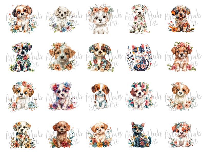May include: Watercolor illustrations of various puppies and a cat, each adorned with floral arrangements. The puppies and cat are depicted in a variety of colors and poses, surrounded by colorful flowers and greenery, creating a whimsical and artistic theme.