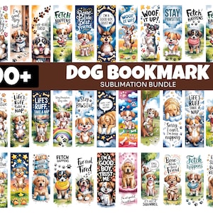 May include: A bundle of over 90 dog-themed bookmarks. Each bookmark showcases a unique watercolour illustration of a dog with fun phrases such as "Stay Pawsitive" and "Fetch Happens". The bookmarks are designed for sublimation.