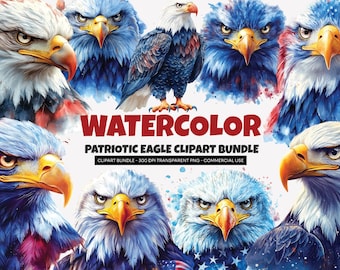 Patriotic Eagle Clipart Bundle, Watercolor Bald Eagle PNG, American Eagle Clipart, USA Flag Art, 4th of July PNG, Sublimation Design
