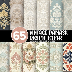 May include: A collection of 65 digital paper sheets featuring various damask patterns in colors including gold, cream, blue, pink, and green. The text 65 VINTAGE DAMASK DIGITAL PAPER 12 X 12 INCHES - 3600 X 3600 - JPEG 300 DPI is displayed centrally.