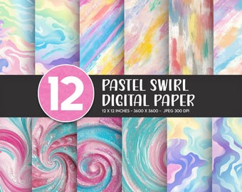 Digitales Papier-Bundle „Pastellwirbel“, digitale Regenbogen-Papiertexturen, abstrakter Marmor-Hintergrund, druckbares Scrapbook-Papier, Zuckerwatte-Papier